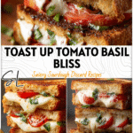 Close-up of a sourdough grilled cheese sandwich with melted mozzarella, tomato slices, and basil leaves.